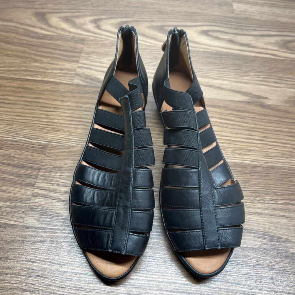 Gentle Souls LANA Wedge Leather Peep Toe Sandals Size 7.5M Black Low Heel - Picture 6 of 11